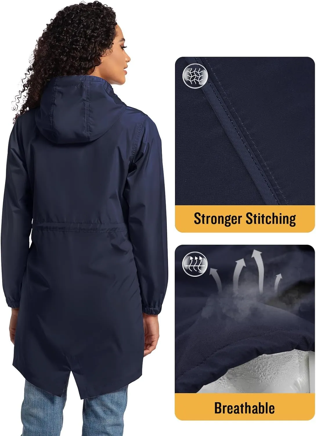 SaphiRose Women's Long Packable Raincoat Waterproof Rain Jacket Lightweight Outdoor Windbreaker with Hood