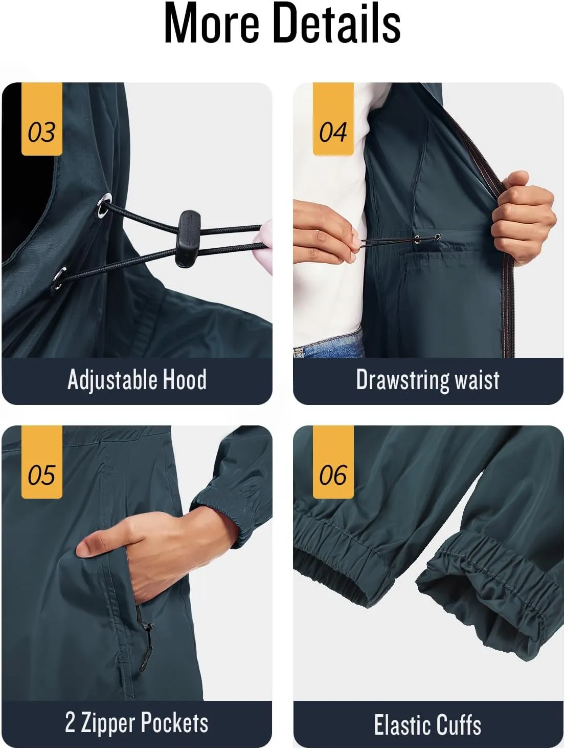 SaphiRose Women's Long Packable Raincoat Waterproof Rain Jacket Lightweight Outdoor Windbreaker with Hood