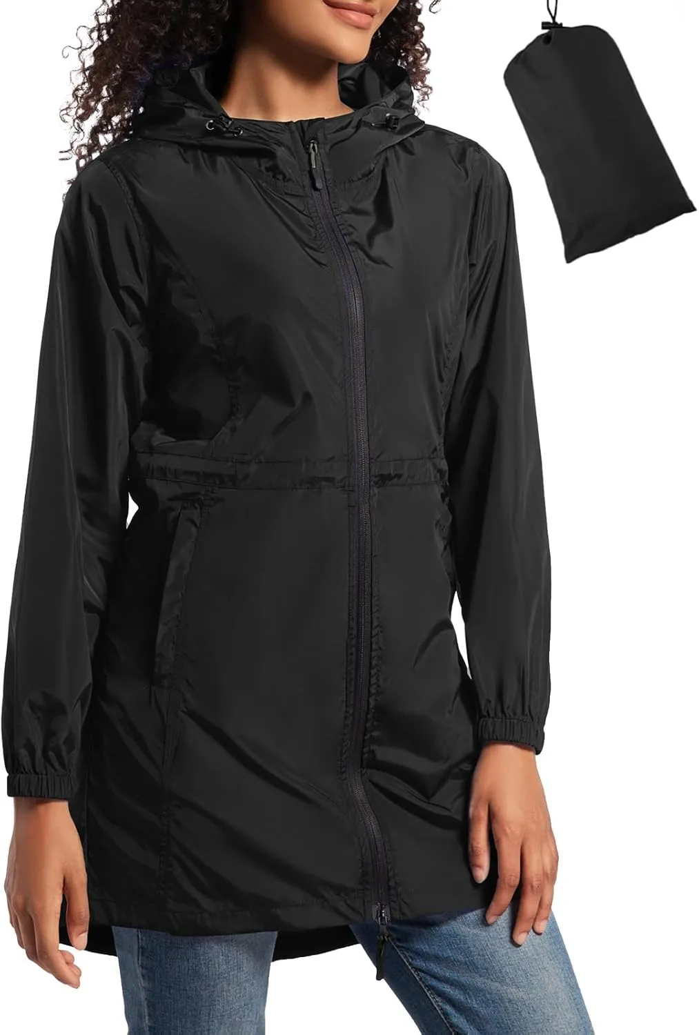 SaphiRose Women's Long Packable Raincoat Waterproof Rain Jacket Lightweight Outdoor Windbreaker with Hood