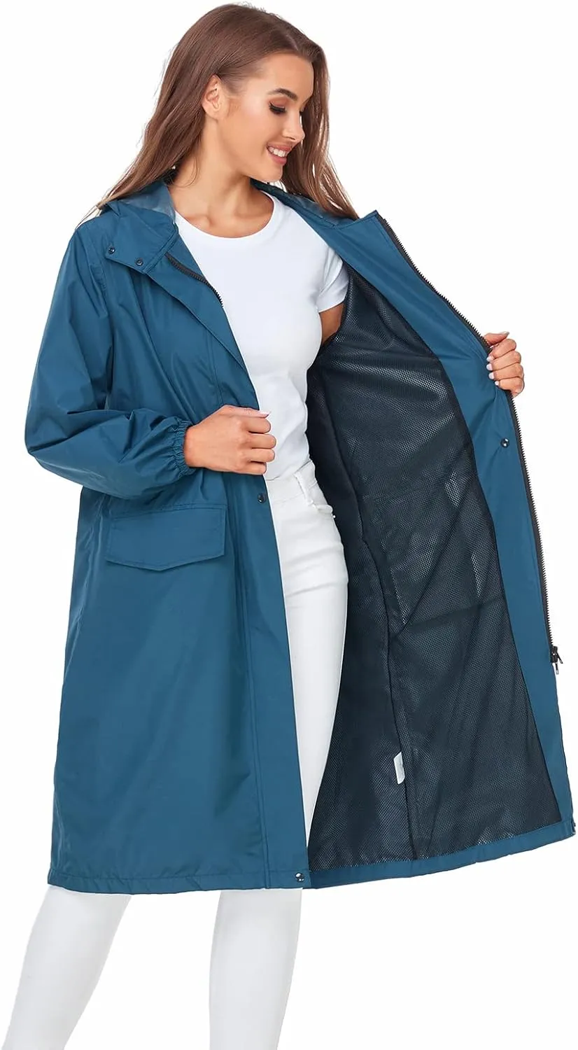 SaphiRose Women's Long Rain Jacket Waterproof Lightweight Hooded Raincoat Packable Knee Length Rain coat