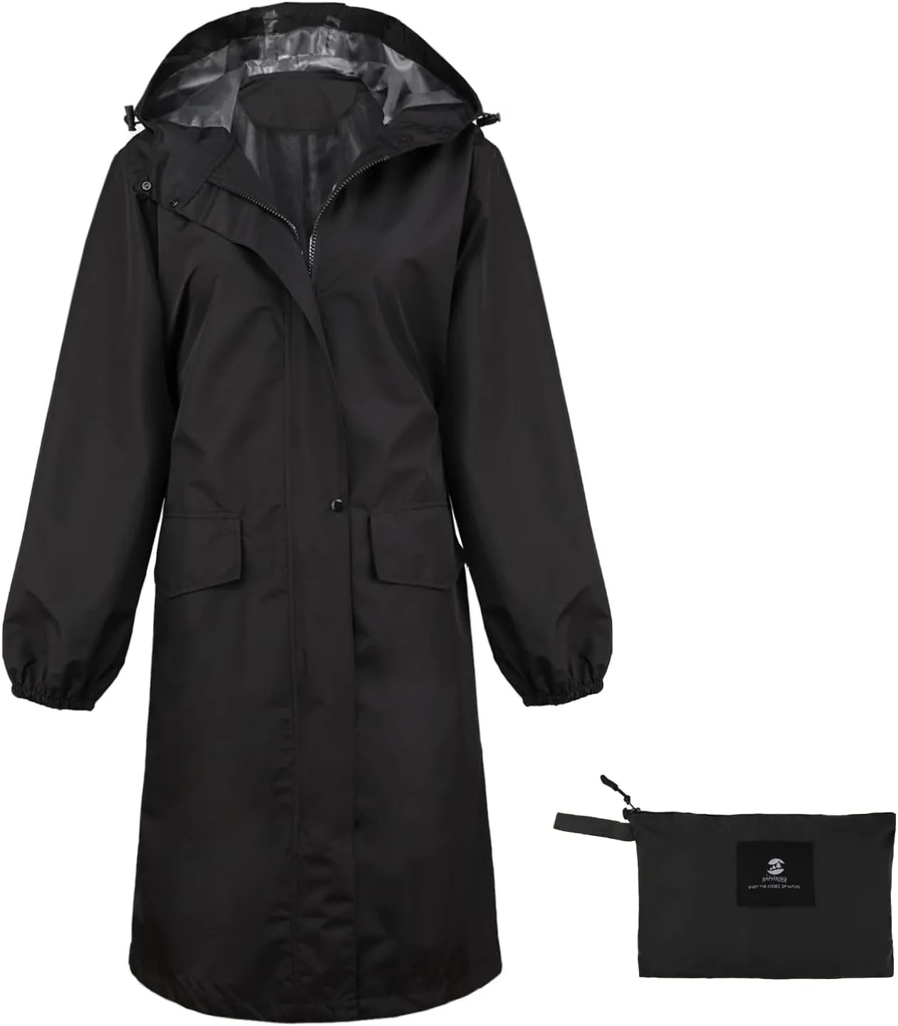 SaphiRose Women's Long Rain Jacket Waterproof Lightweight Hooded Raincoat Packable Knee Length Rain coat