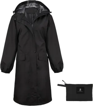 SaphiRose Women's Long Rain Jacket Waterproof Lightweight Hooded Raincoat Packable Knee Length Rain coat