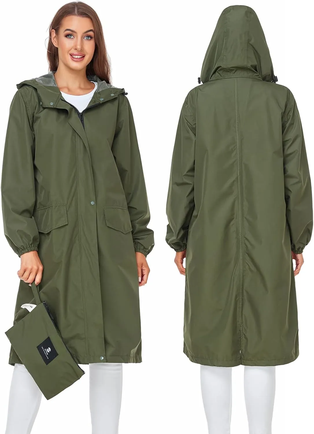 SaphiRose Women's Long Rain Jacket Waterproof Lightweight Hooded Raincoat Packable Knee Length Rain coat