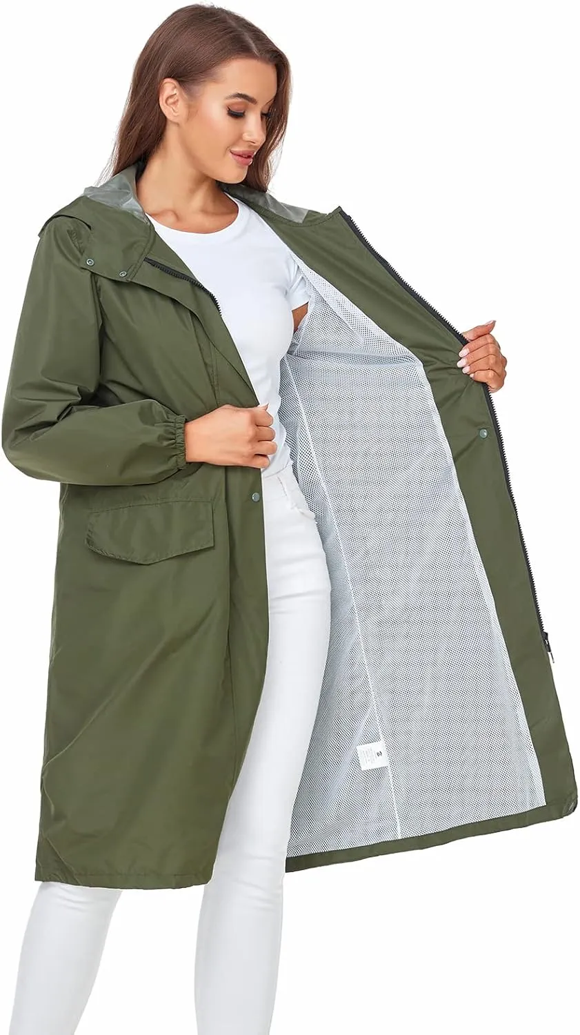 SaphiRose Women's Long Rain Jacket Waterproof Lightweight Hooded Raincoat Packable Knee Length Rain coat