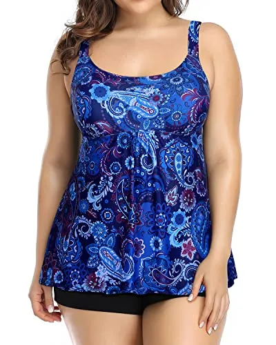 Scoop Neck Plus Size Tankini Swimsuits For Women Tummy Control-Blue Tribal