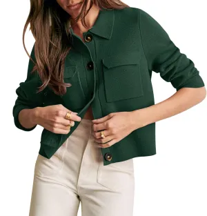 Senllen Women Cropped Cardigan Sweaters 2025 Casual Trendy Collared Button Down Open Front Long Sleeve Knit Shackets Jackets