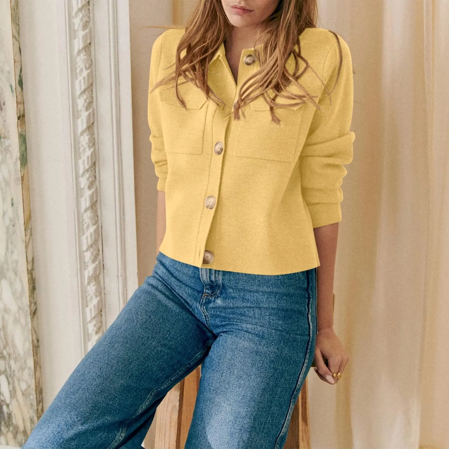 Senllen Women Cropped Cardigan Sweaters 2025 Casual Trendy Collared Button Down Open Front Long Sleeve Knit Shackets Jackets