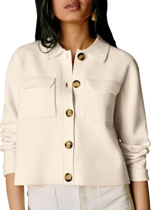 Senllen Women Cropped Cardigan Sweaters 2025 Casual Trendy Collared Button Down Open Front Long Sleeve Knit Shackets Jackets