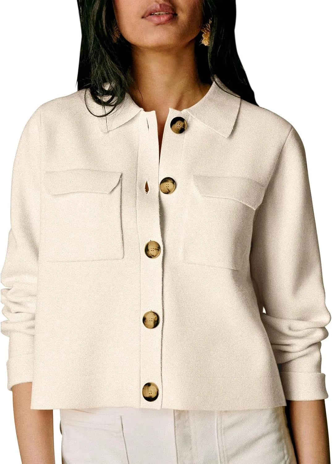 Senllen Women Cropped Cardigan Sweaters 2025 Casual Trendy Collared Button Down Open Front Long Sleeve Knit Shackets Jackets