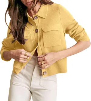 Senllen Women Cropped Cardigan Sweaters 2025 Casual Trendy Collared Button Down Open Front Long Sleeve Knit Shackets Jackets