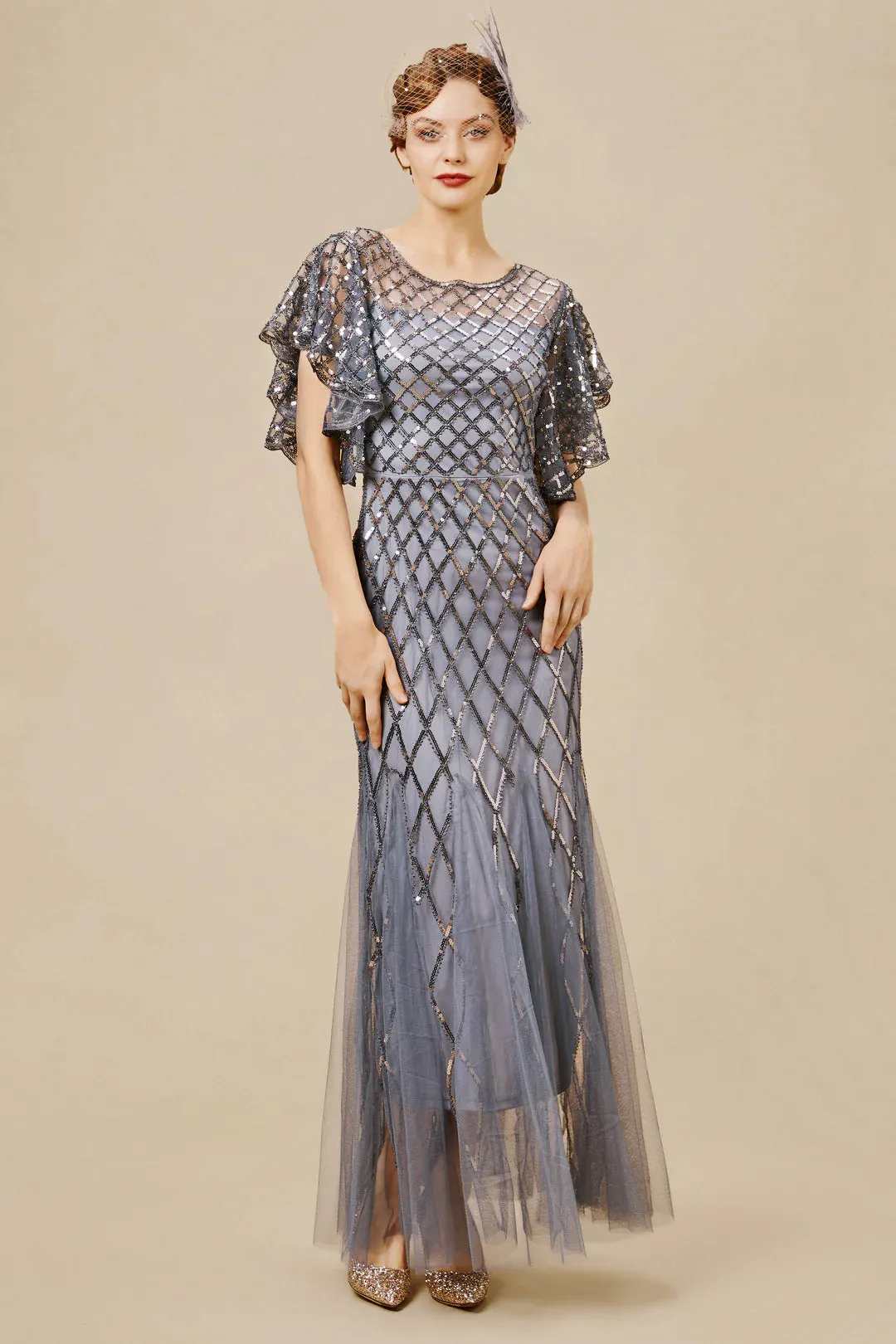 Sequined Striped Mesh Mermaid Dress