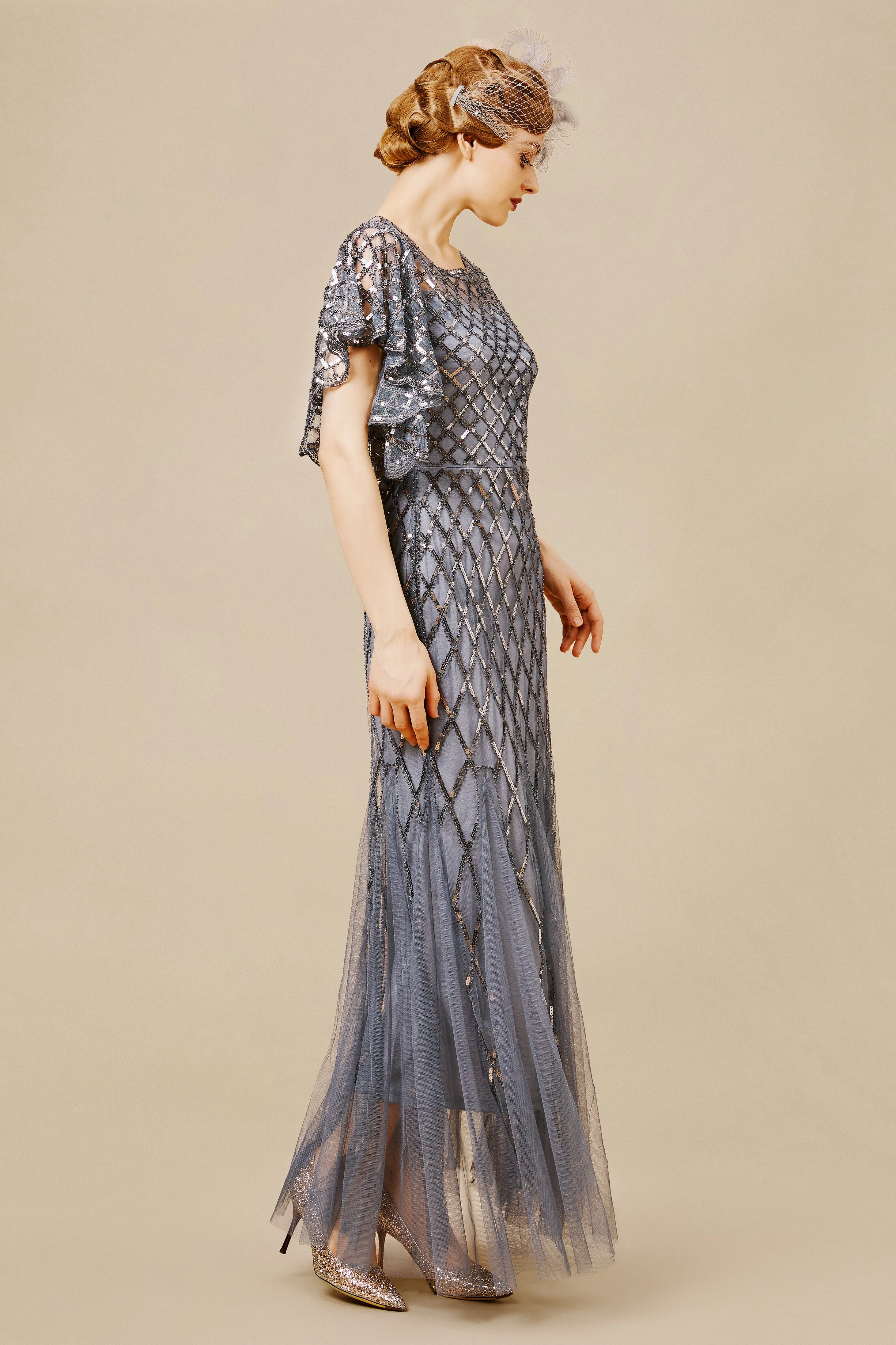 Sequined Striped Mesh Mermaid Dress