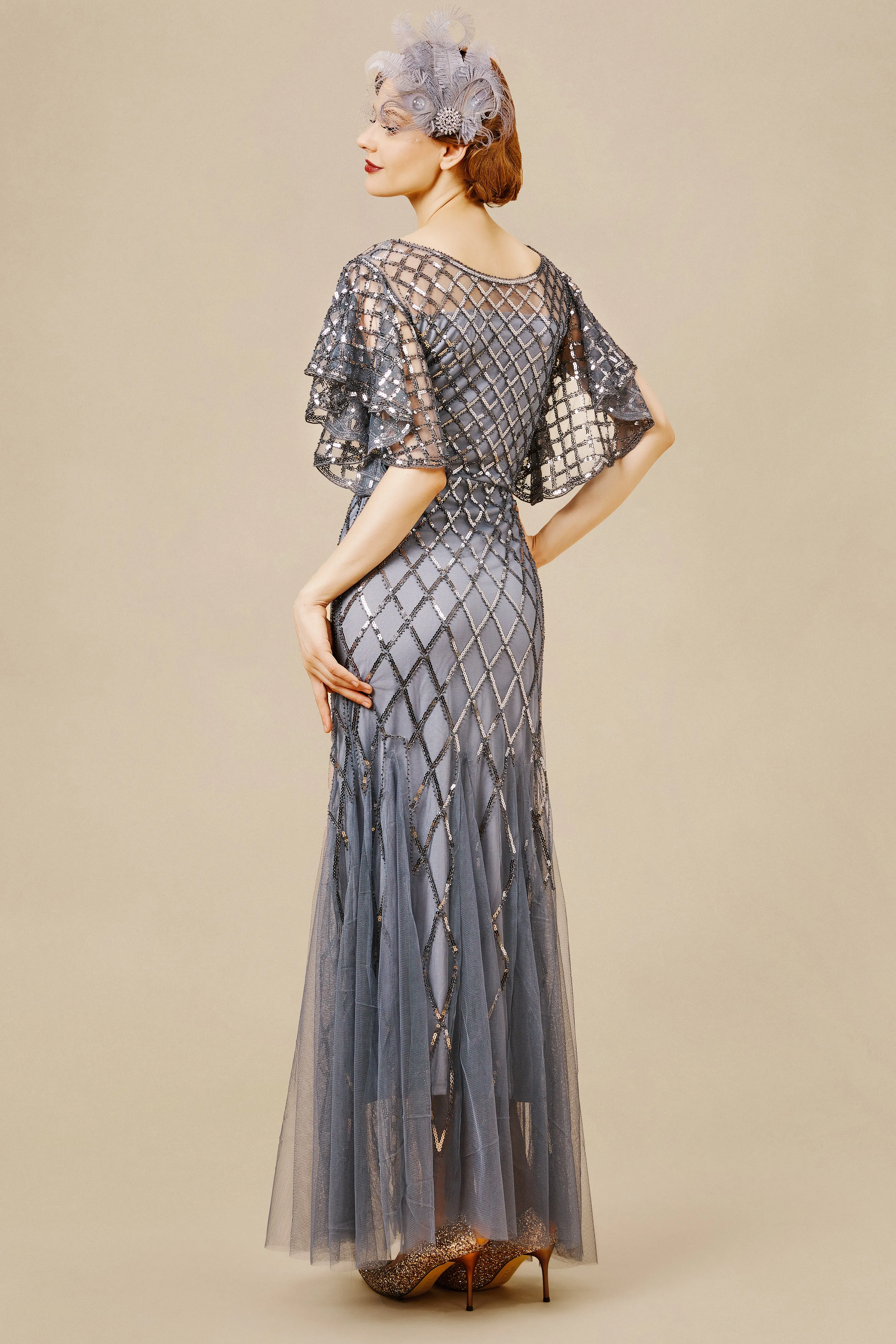 Sequined Striped Mesh Mermaid Dress