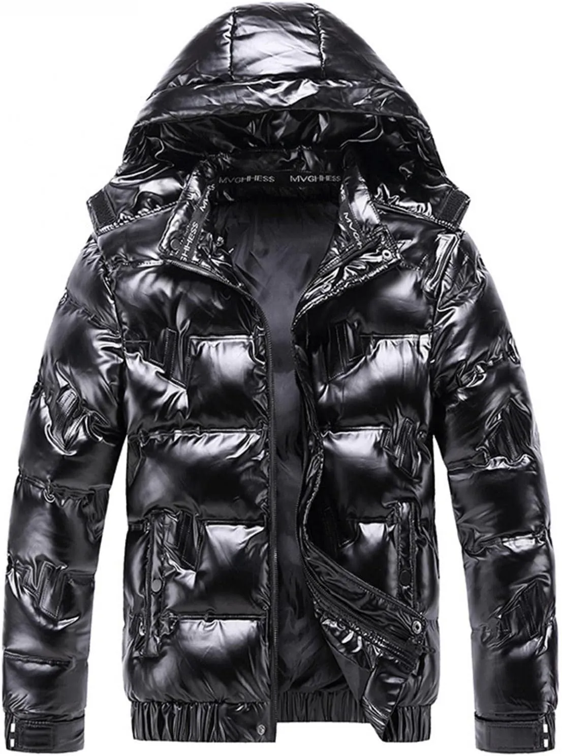 Shiny Down Jackets for Mens Winter Thicken Puffer Jacket Coats with Removable Hood Fashion Parka Coat Outerwear