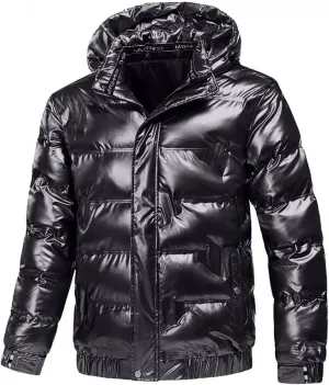 Shiny Down Jackets for Mens Winter Thicken Puffer Jacket Coats with Removable Hood Fashion Parka Coat Outerwear