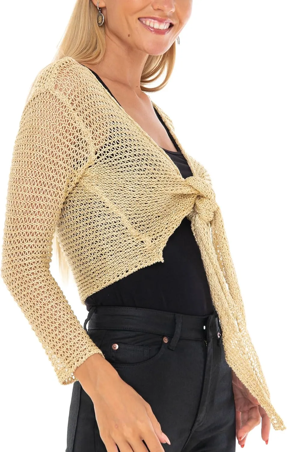 SHU-SHI Womens Cropped Sheer Shrug Tie Top Open Front Cardigan Knit Sweater