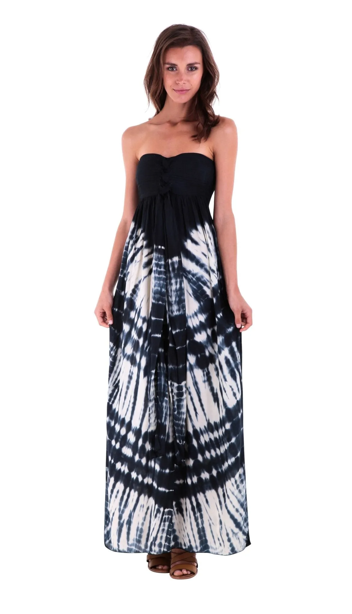 SHU-SHI Women's Summer Long Tie Dye Strapless Maxi Dress - One Size - Navy Blue/Off White