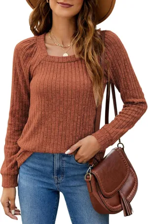 SimpleFun Women's Fall Sweaters Lightweight Square Neck Pullover Casual Long Sleeve Tunic Tops