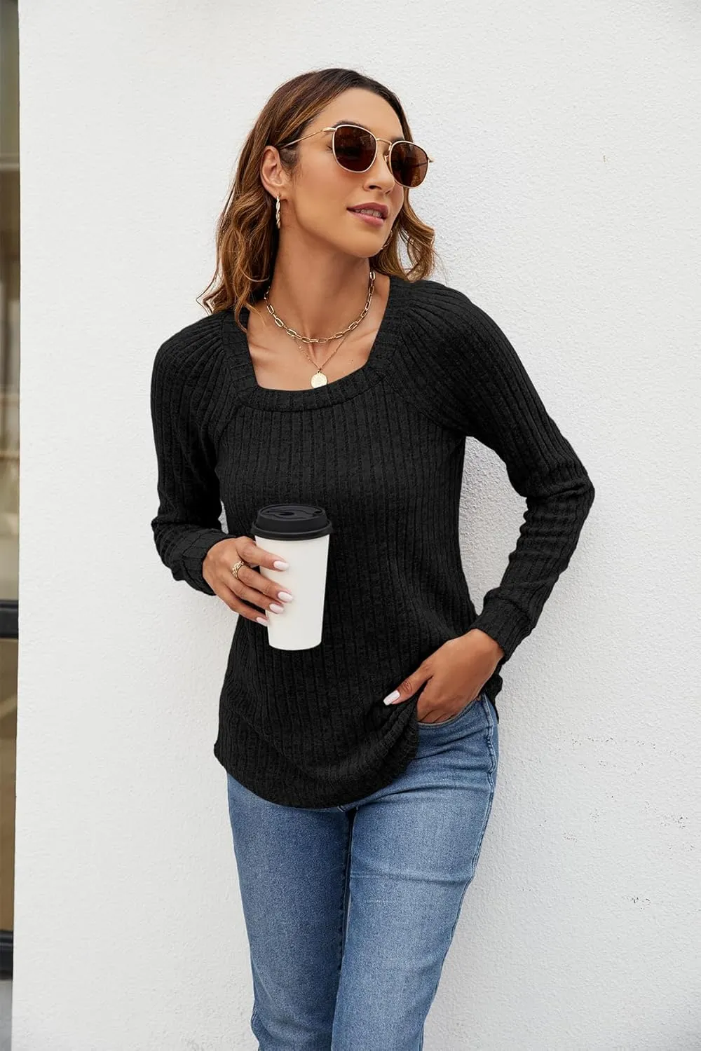 SimpleFun Women's Fall Sweaters Lightweight Square Neck Pullover Casual Long Sleeve Tunic Tops