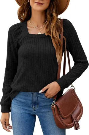 SimpleFun Women's Fall Sweaters Lightweight Square Neck Pullover Casual Long Sleeve Tunic Tops