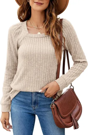SimpleFun Women's Fall Sweaters Lightweight Square Neck Pullover Casual Long Sleeve Tunic Tops