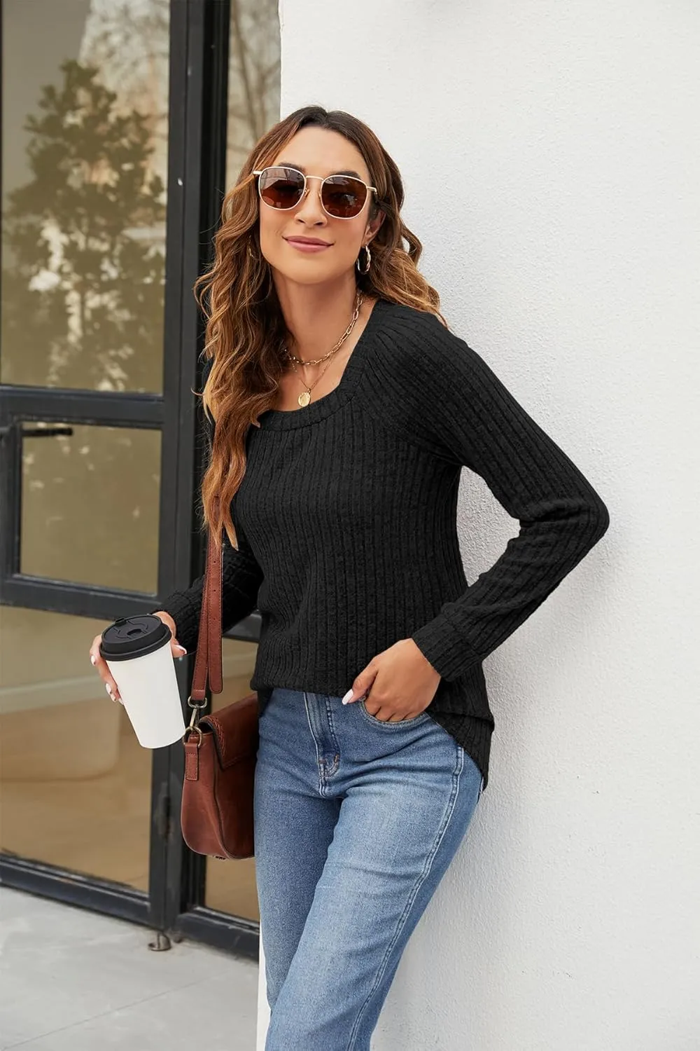 SimpleFun Women's Fall Sweaters Lightweight Square Neck Pullover Casual Long Sleeve Tunic Tops