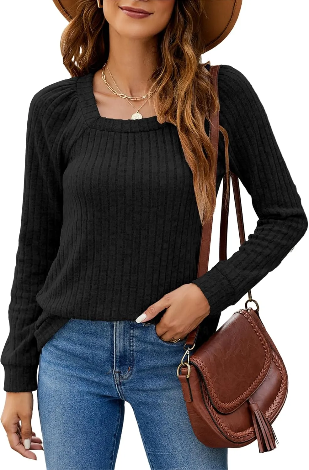 SimpleFun Women's Fall Sweaters Lightweight Square Neck Pullover Casual Long Sleeve Tunic Tops
