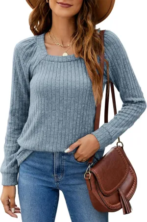SimpleFun Women's Fall Sweaters Lightweight Square Neck Pullover Casual Long Sleeve Tunic Tops