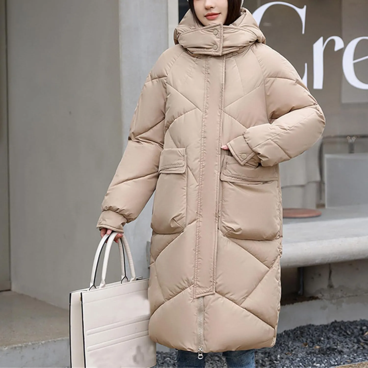 Smoneyful Womens Puffer Jacket Thicked Warm Hooded Down Jacket Med-Length Cotton-Padded Jacket Winter Parka Jacket Baggy Coat