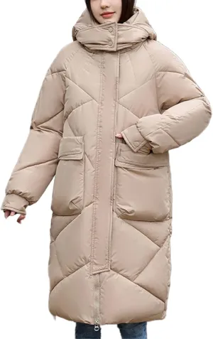Smoneyful Womens Puffer Jacket Thicked Warm Hooded Down Jacket Med-Length Cotton-Padded Jacket Winter Parka Jacket Baggy Coat