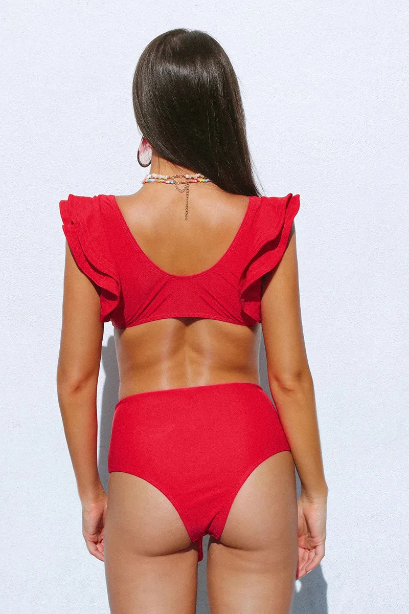Solid Color Ruffle V-Wire Flattering Lace-Up Bikini