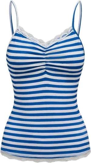 SOLY HUX Women's Y2k Tank Tops Striped Lace Trim Cami Tops Summer V Neck Fitted Camisole Shirts
