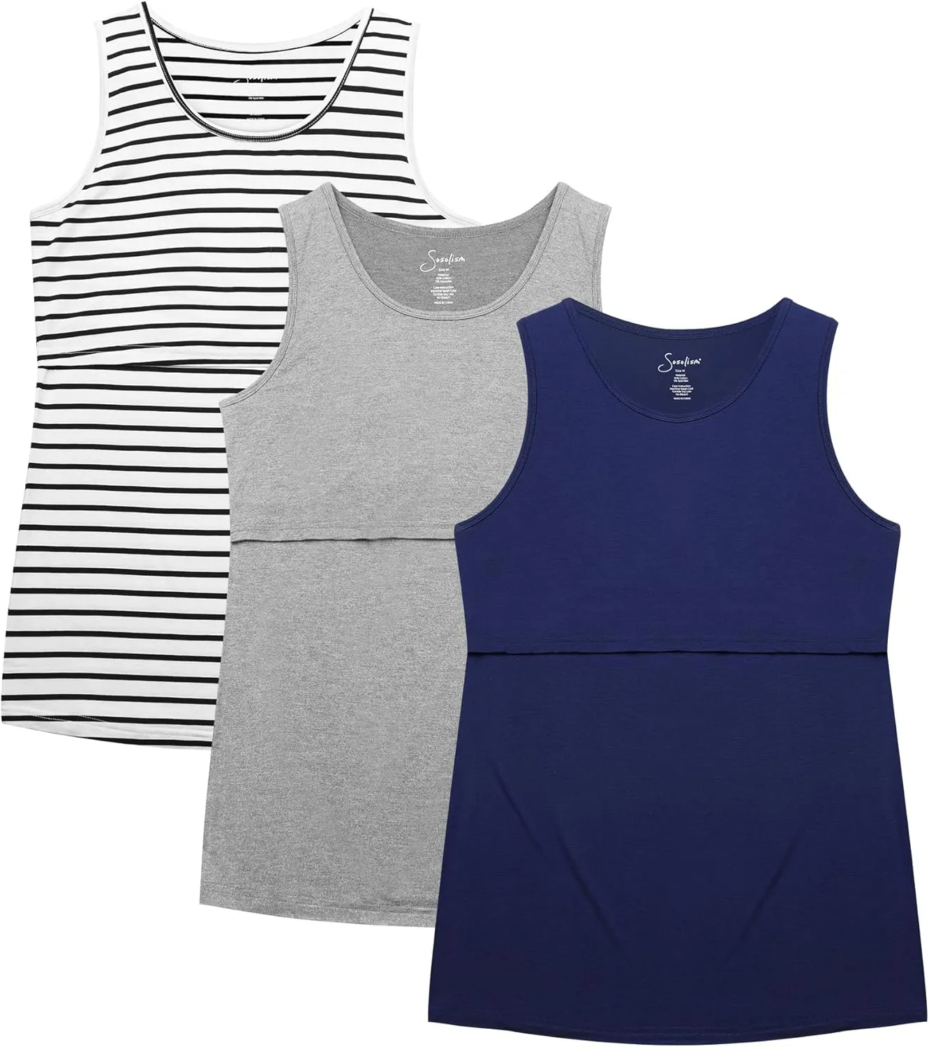 Sosolism 3 Pack Nursing Tank Tops Sleeveless Workout Pumping Shirts Scoop Neck Double Layer Summer Breastfeeding Tops