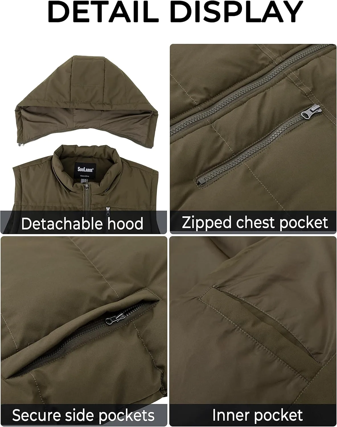 Soularge Men's Big and Tall Winter Warm Thick Utility Puffer Vest Outerwear
