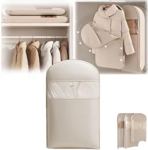 Space Saving Hanging Garment Bag with Self-Compression Zipper, Dustproof & Waterproof Closet Organizer for Suits, Coats & Dresses, Clear Visibility (Beige, M-35.4(905815 cm))
