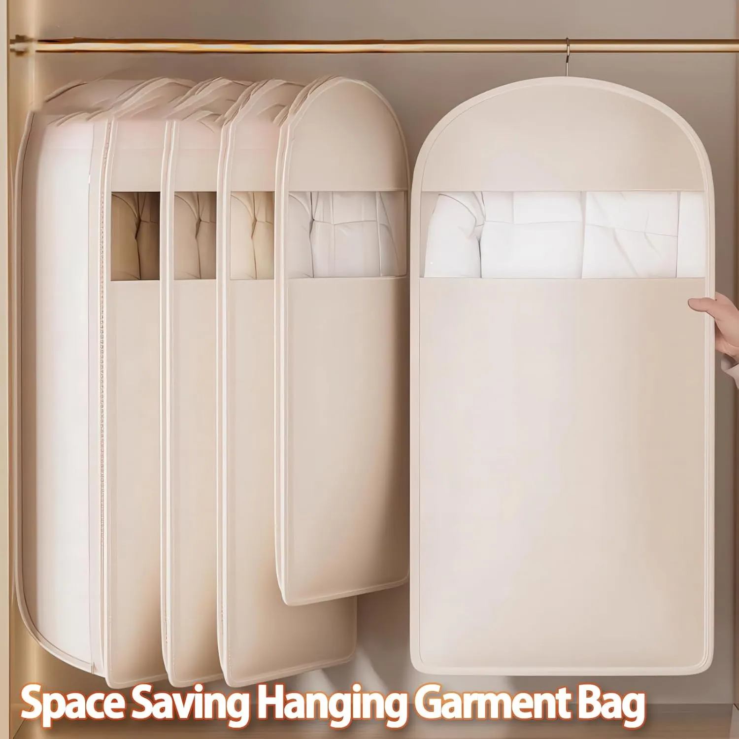 Space Saving Hanging Garment Bag with Self-Compression Zipper, Dustproof & Waterproof Closet Organizer for Suits, Coats & Dresses, Clear Visibility (Beige, M-35.4(905815 cm))