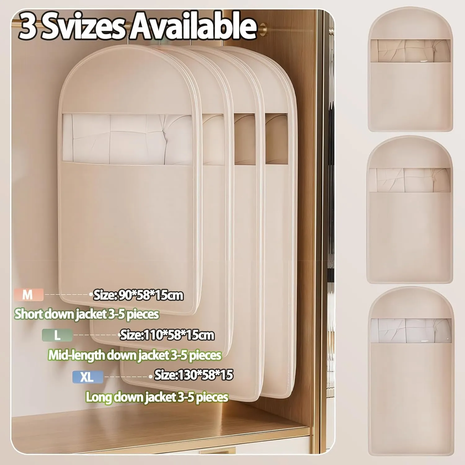 Space Saving Hanging Garment Bag with Self-Compression Zipper, Dustproof & Waterproof Closet Organizer for Suits, Coats & Dresses, Clear Visibility (Beige, M-35.4(905815 cm))