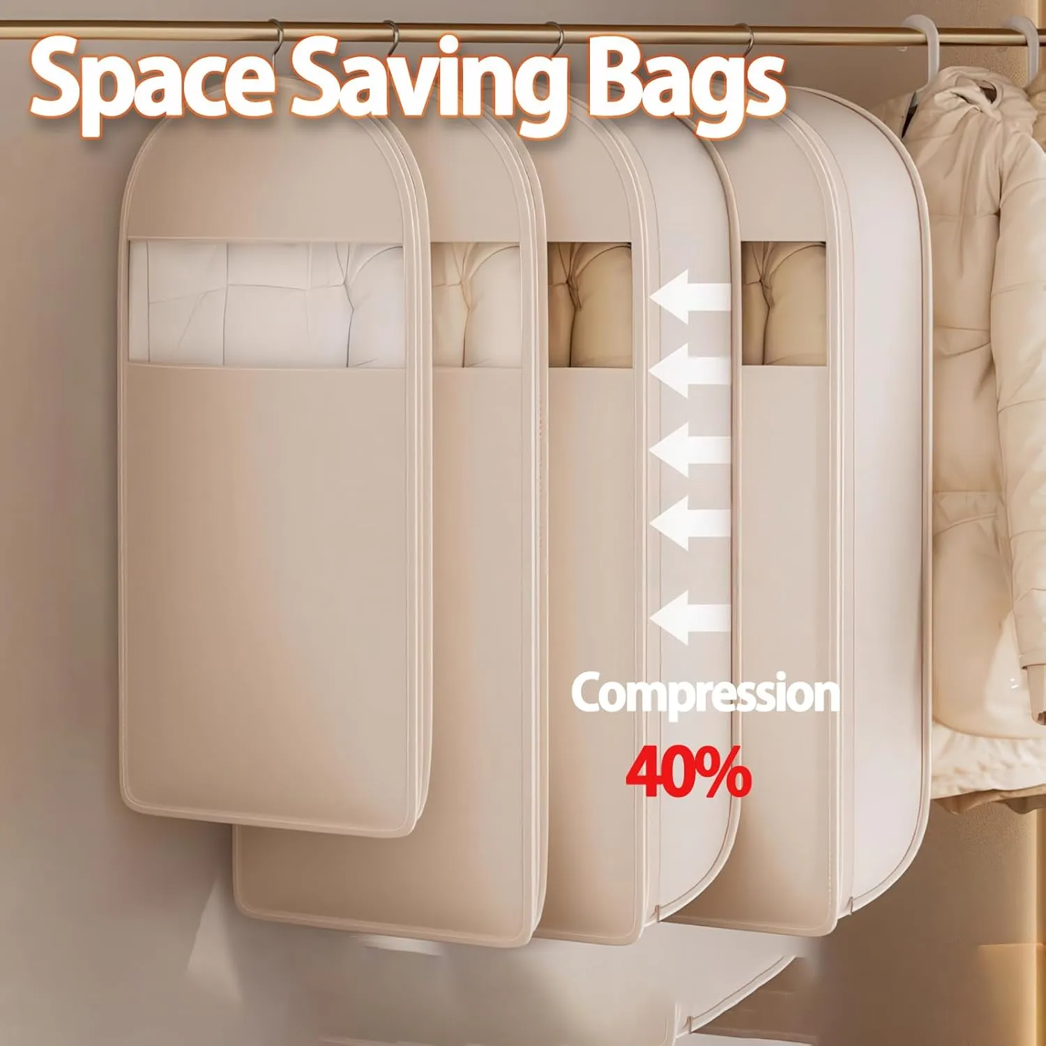 Space Saving Hanging Garment Bag with Self-Compression Zipper, Dustproof & Waterproof Closet Organizer for Suits, Coats & Dresses, Clear Visibility (Beige, M-35.4(905815 cm))