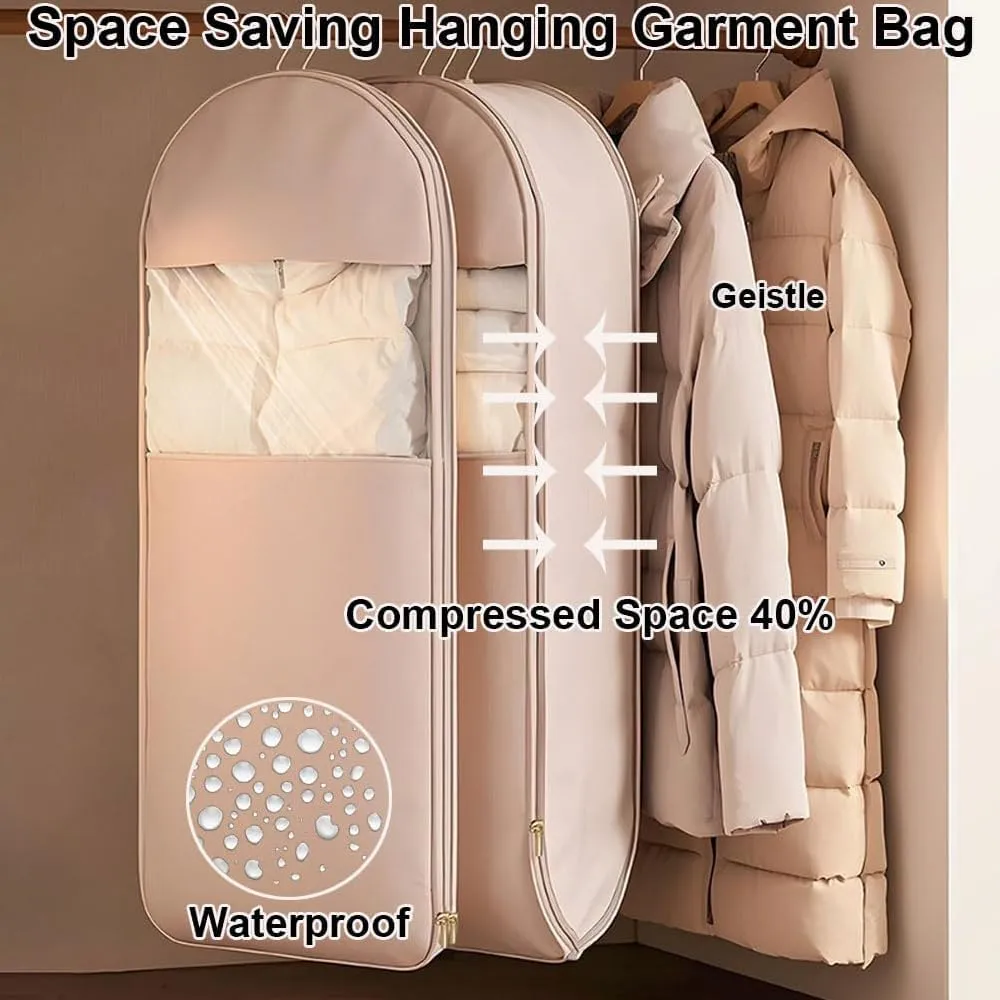Space Saving Hanging Garment Bag with Self Compression Zipper, Space Saver Garment Bags for Hanging Clothes Foldable, Dust Cover Clothes Bags for Down Coat (Pink,Large)