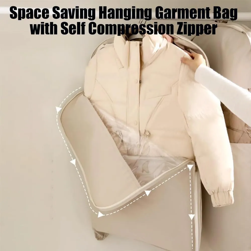 Space Saving Hanging Garment Bag with Self Compression Zipper, Space Saver Garment Bags for Hanging Clothes Foldable, Dust Cover Clothes Bags for Down Coat (Pink,Large)