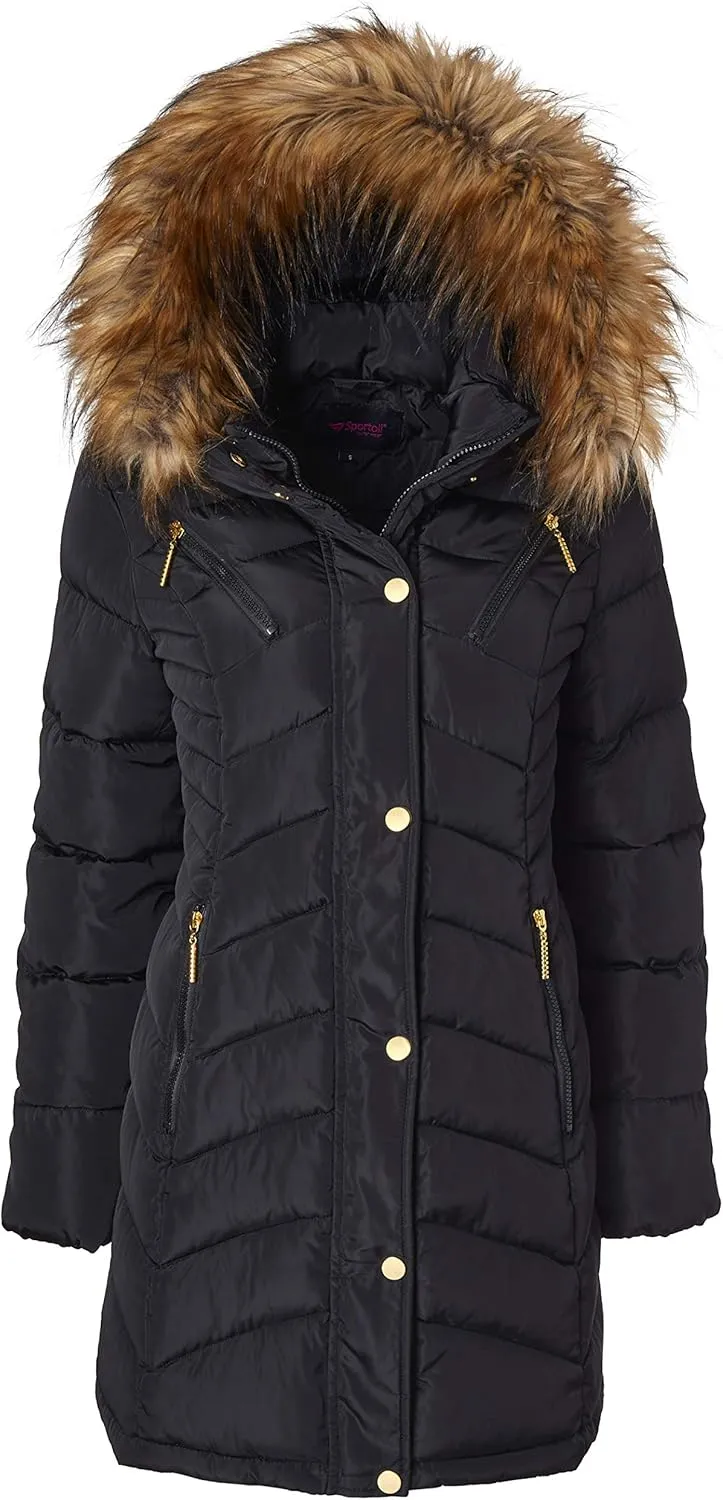 Sportoli Women Long Quilted Down Alternative Plush Lined Puffer Jacket Coat Fur Trim Hood