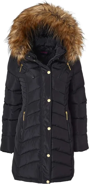 Sportoli Women Long Quilted Down Alternative Plush Lined Puffer Jacket Coat Fur Trim Hood