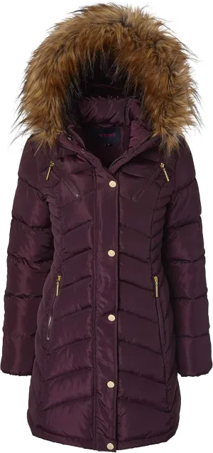 Sportoli Women Long Quilted Down Alternative Plush Lined Puffer Jacket Coat Fur Trim Hood