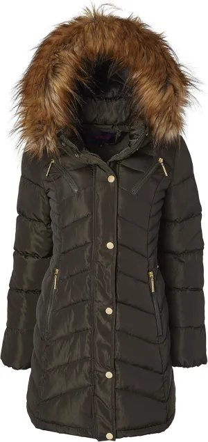 Sportoli Women Long Quilted Down Alternative Plush Lined Puffer Jacket Coat Fur Trim Hood