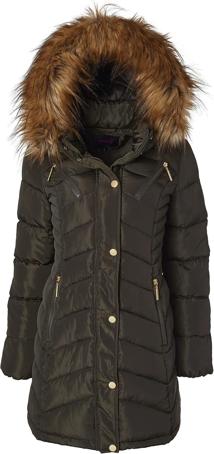 Sportoli Women Long Quilted Down Alternative Plush Lined Puffer Jacket Coat Fur Trim Hood