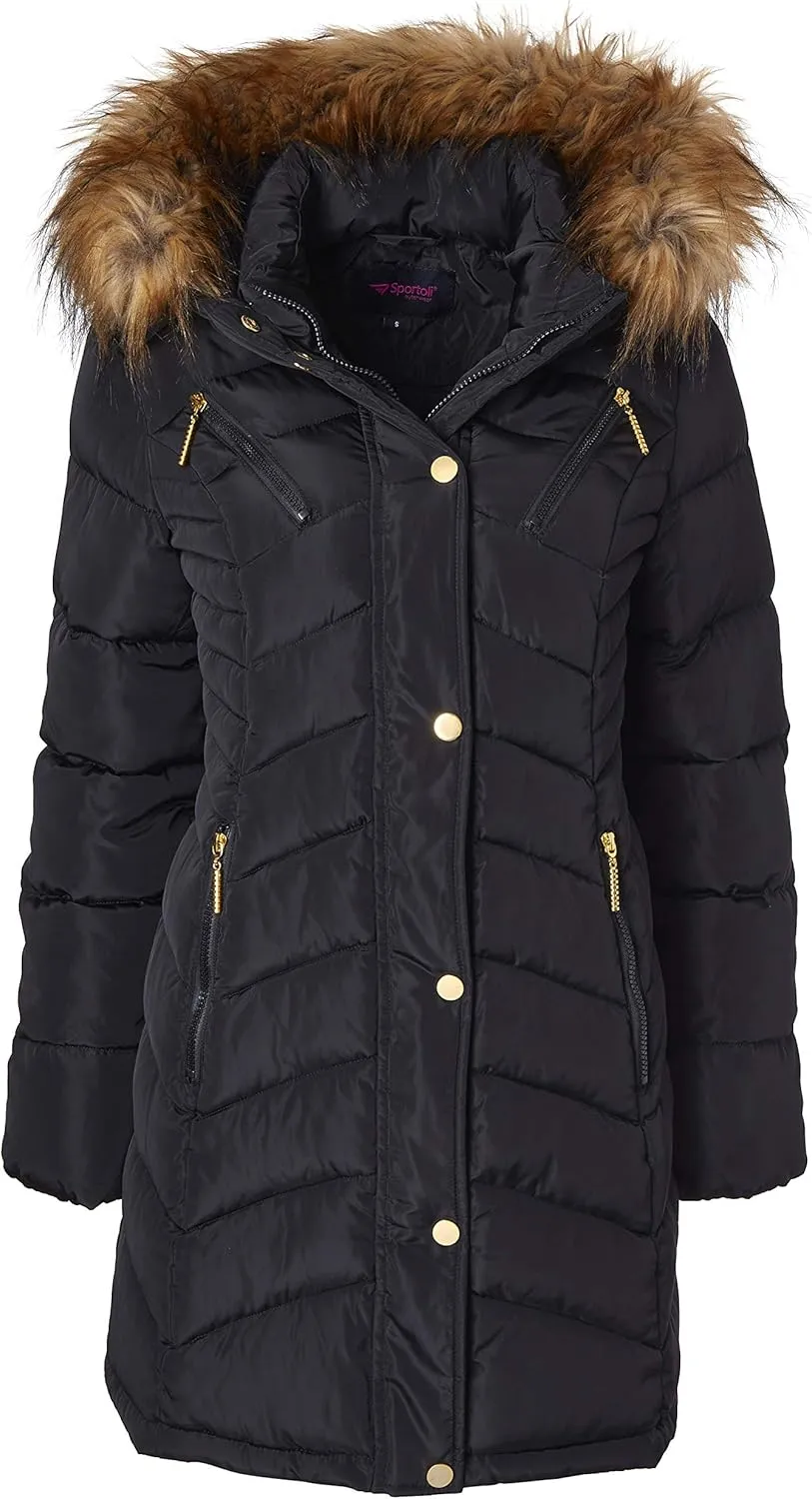Sportoli Women Long Quilted Down Alternative Plush Lined Puffer Jacket Coat Fur Trim Hood