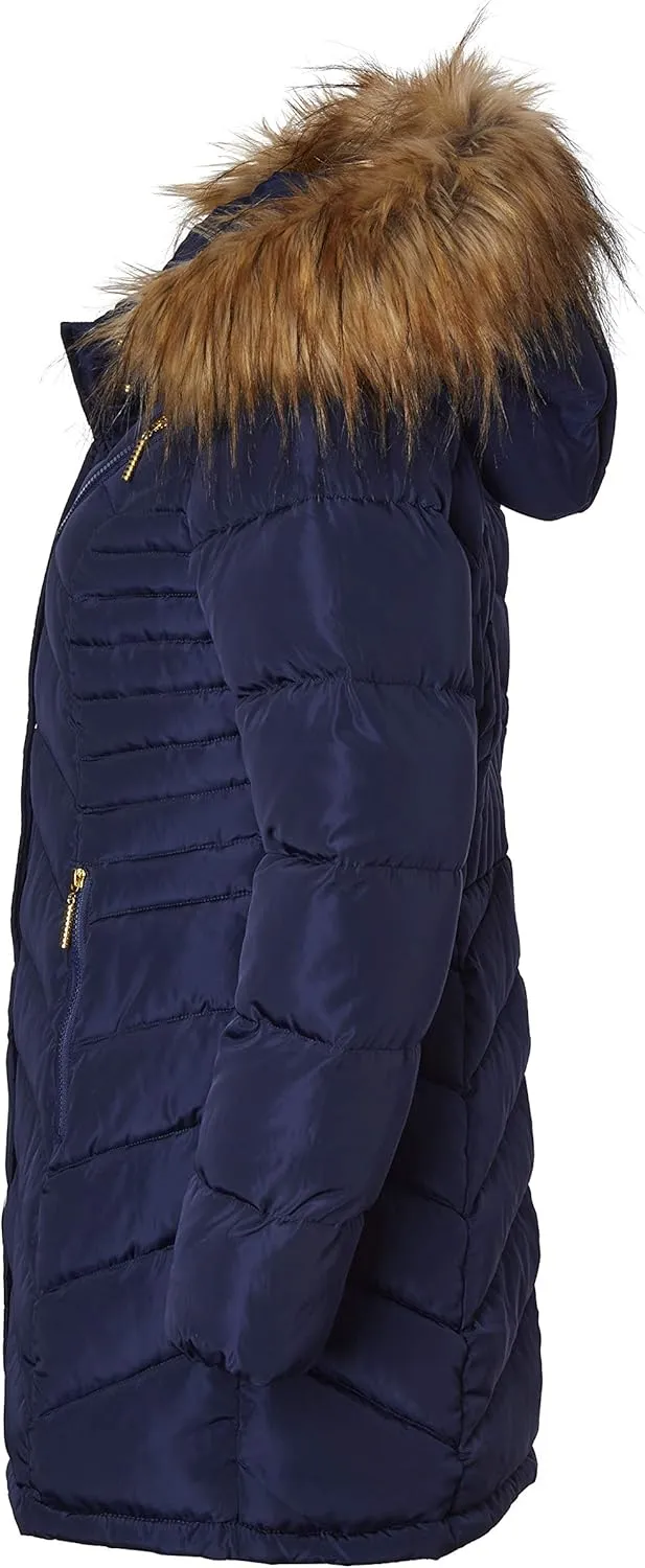 Sportoli Women Long Quilted Down Alternative Plush Lined Puffer Jacket Coat Fur Trim Hood