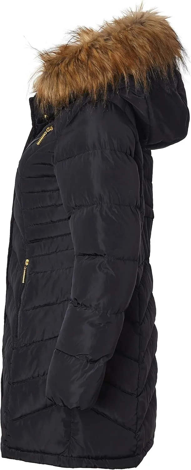 Sportoli Women Long Quilted Down Alternative Plush Lined Puffer Jacket Coat Fur Trim Hood