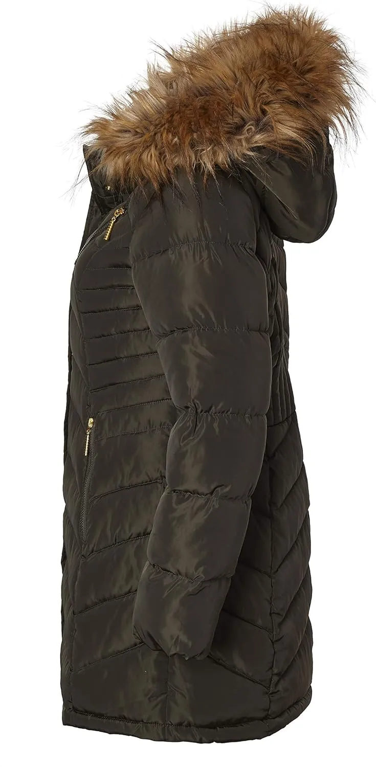 Sportoli Women Long Quilted Down Alternative Plush Lined Puffer Jacket Coat Fur Trim Hood
