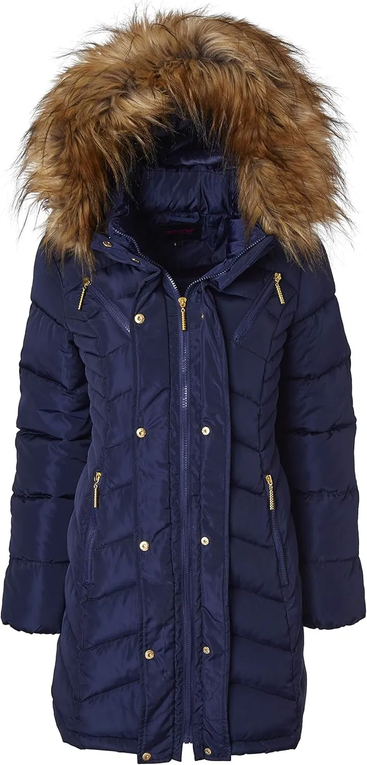 Sportoli Women Long Quilted Down Alternative Plush Lined Puffer Jacket Coat Fur Trim Hood